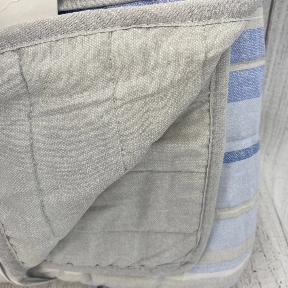 Tommy Hilfiger Quilt Set Full Queen Blue Bold Stripe Textured 100% Cotton Preppy